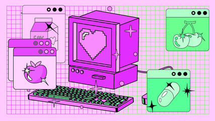 The 90s style collage with old retro PC.