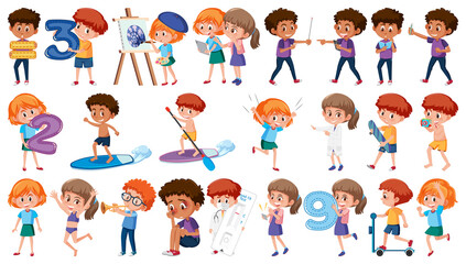 Poster - Set of children doing different activities on white background