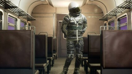 Wall Mural - the astronaut is bashful, on an interstellar space train hurtling at superluminal speed. the concept