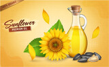 Fototapeta Zwierzęta - Sunflower vector illustration with sunflower oil and seeds with green and yellow leaves