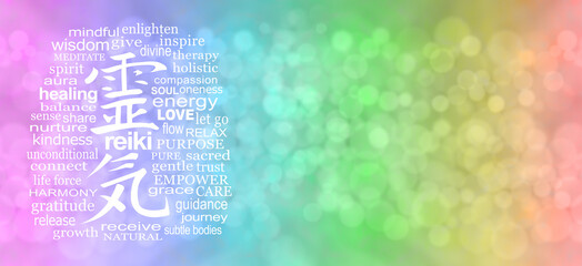 Wall Mural - Reiki Rainbow Healing Word Cloud Message Banner - wide  graduated pink blue green yellow orange red bokeh colours and a Reiki Kanji symbol surrounded by relevant words on left and copy space on right
