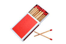 Open Full Box Of Matches On White Background. Two More Wood Match Stick Near The Match Box With Clipping Path.