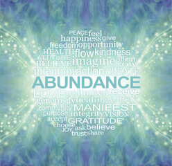 Words Associated with Abundance and the Law of Attraction - jade sparkling symmetrical wispy background with a centrally placed circular word cloud relevant to abundance 
