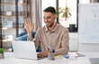 © Syda Productions - distant education, school and remote job concept - happy smiling male teacher with laptop computer having online class at home office and waving hand