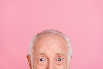 Poster - Cropped photo of elder white hairdo man see isolated on pink color background