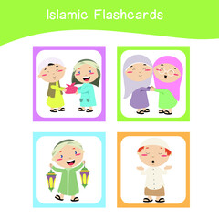  Cute Islamic image flashcards. Islamic flashcards collections. Colorful printable flashcards for preschool Educational printable game cards. Vector illustration