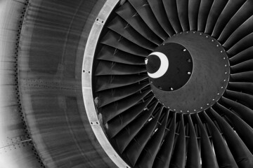 Wall Mural - Grayscale closeup of an airplane turbine blades