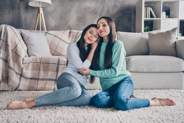 Sticker - Portrait of two attractive careful gentle sweet affectionate people girlfriends family sitting on floor hugging at home indoors