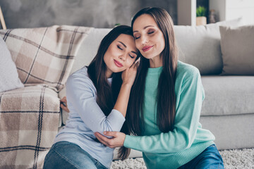 Sticker - Portrait of two attractive careful gentle affectionate girlfriends family sitting on floor enjoying bonding at home indoors