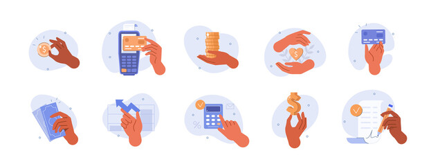 hands gestures illustration set. character hands holding money, credit card, bill, making donations 