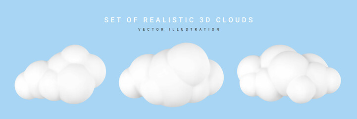 Wall Mural - 3d plastic clouds. set of round cartoon fluffy clouds isolated on a blue background. vector illustra