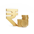 Indian rupee money symbol next to stack of gold coins on a isolated white background. Currency exchange.