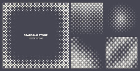 Poster - Assorted Various Stars Halftone Textures Vector Different Geometric Patterns Set Isolated On Dark Grey Background. Contrast Modern Half Tone Graphic Pattern Variety Texture Design Elements Collection