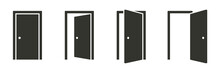 Door Icons Set. Open, Close And Ajar Door. Doors Collection. Opened Entrance Door Set Flat Style - Stock Vector.