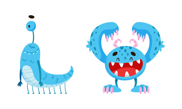 Cute joyful monsters. Happy funny toothy monster and alien cartoon characters vector illustration