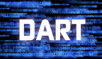 Wall Mural - word dart and abstract cyberspace with binary code on dark background . dart programing language