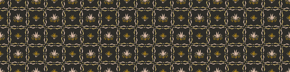 Sticker - Dark boho flowers seamless border pattern in trendy ditsy wildflower style. Hand drawn organic botanical fashion edging trim. Modern summer garden bloom in vintage cottage core ribbon style