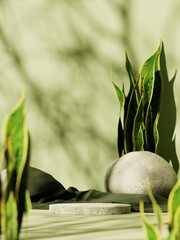 3d concrete display podium with stone and green plant against green background. 3d rendering of realistic presentation for product advertising. 3d minimal illustration. selective focus.