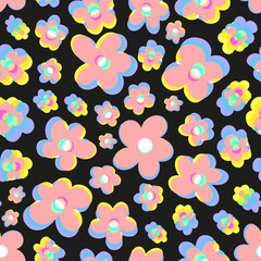 Shifted retro floral seamless repeat pattern. Random placed, vector imperfect vibrant flowers all over print on black background.