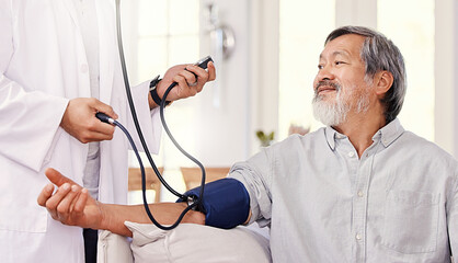 Wall Mural - How am I doing, Doctor. Shot of a male doctor examining a senior patient with a blood pressure gauge.