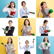 © master1305 - Collage. Portraits of young emotive woman in image of journalist posing with micophone and notebook isolated over multicolored background