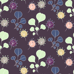 Vector seamless half-drop pattern, with leaves and flowers