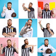 © master1305 - Collage. One young bearded man, soccer or football referee emotionally posing isolated on multicolored studio background