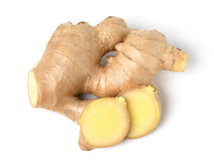 Wall Mural - Flat lay of fresh ginger rhizome with slice isolated on white background, old ginger.