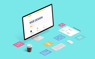 Leinwandbilder - Web design company page layout isometric view computer desk. Page parts on blue work desk