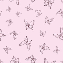 Vector Butterfly Seamless Repeat Pattern, Pink Background.