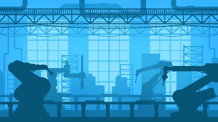 Leinwandbilder - Industrial factory conveyor with automated robot arms, industry manufacture vector background. Conveyor line belt for machine assembly, automation machinery and robotic production technology