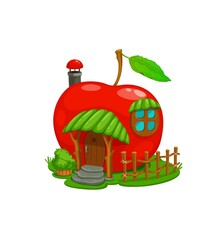 Wall Mural - Cartoon fairytale red apple fruit house building. Vector dwelling for fairy, elf or gnome. Cute fantasy home with canopy abovy wooden door, window, stairs and chimney on roof with green leaf on stem