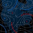 Forecast weather isobar on american night map, meteorology wind fronts and vector temperature diagram. USA map for weather forecast with pressure and wind charts, synoptic prediction isobar