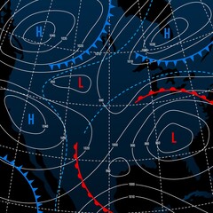forecast weather isobar on american night map, meteorology wind fronts and vector temperature diagra
