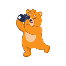 Funny Orange Bear Cartoon Character Taking Photo Sticker. Cute Comic Forest Animal Holding Camera Flat Vector Illustration Isolated On White Background. Wildlife, Emotions Concept