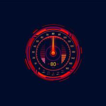 Car Speedometer Or Speed Meter Futuristic Gauge Dial In Neon LED Vector Dashboard Digital Indicator. Car Speedometer Or Rally Race Speed Counter Interface With Mph Gauge In Red Neon Glow