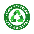 100% recycled PET bottles logo. Three green plastic bottles form recycle sign in a circle. Products from 100% recycled materials. Reusable polyester product label. Vector illustration, flat, clip art.