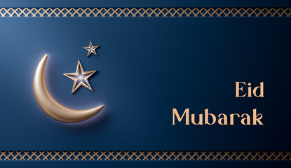 Eid mubarak realistic islamic crescent moon decoration navy gold banner 3d render