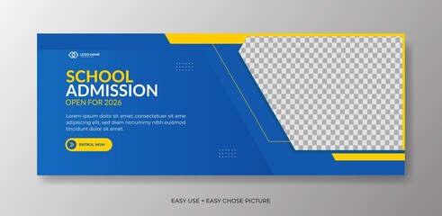 Wall Mural - Editable school admission Web banner template. With blue and yellow colour background