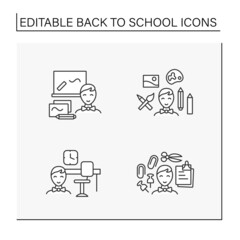 Wall Mural - Back to school line icons set. Happy schoolboy ready to study. School subjects. Education concept. Isolated vector illustrations. Editable stroke