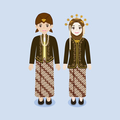 Indonesian couple wearing Javanese traditional costume vector illustration.