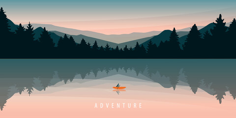 Wall Mural - lonely canoeing adventure with red boat forest landscape