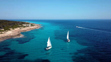 Panoramic View Of Sailboats On The Sea Of Cap De Ses Salines, Mallorca Island