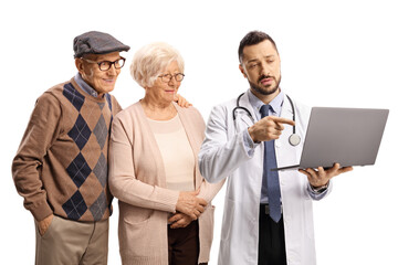 Sticker - Elderly man and woman and a doctor pointing at a laptop computer