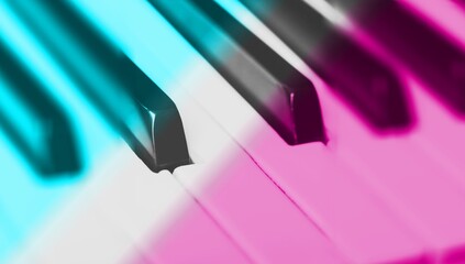 Poster - Keys classic piano keyboard in pink and blue neon lights colors.