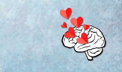 Red hearts fly out of the brain. Humans love concept