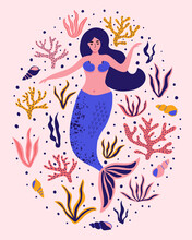 Cute Mermaid With Seaweed, Corals, Shells. Fantastic Summer Background For Textiles, T-shirts, Greeting Cards And More. Hand Drawn Vector Illustration.