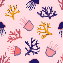 Cute Seamless Tropical Pattern With Corals And Jellyfish. Perfect For Wallpapers, Web Page Backgrounds, Surface Textures, Textile. Coral Pink Vector Background.