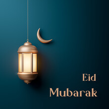 Eid Mubarak Realistic Islamic Moon Lantern Decoration Navy Gold Background 3d Render