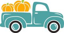 Cute Pumpkin Truck Svg Cut File. Fall Truck Vector Illustration Isolated On White Background. Autumn Vintage Old Truck Design For Kids Shirts, Apparel, Signs, Cards And So On